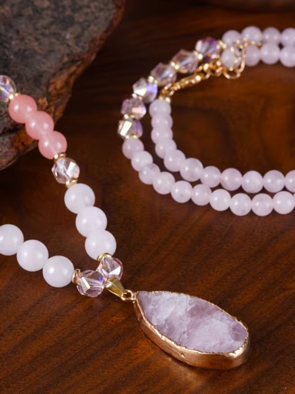 Rose Quartz - 2 pc Necklace Set - New - Picture 3 of 4